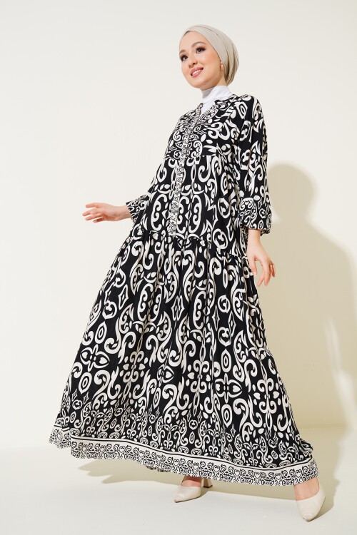 2423 Otantik Desenli Tesettür Elbise - Siyah