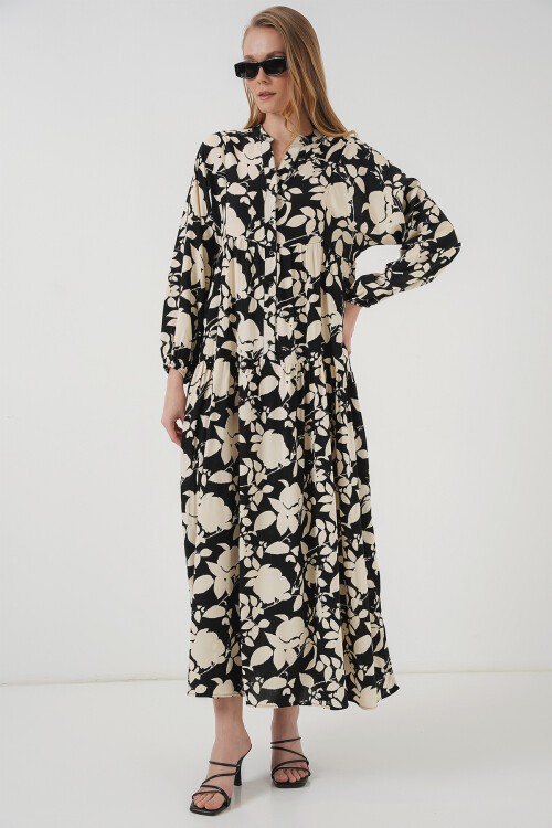 Merterium 2423 Otantik Desenli Tesettür Elbise - Siyah - Beyaz1