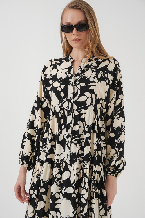 Merterium 2423 Otantik Desenli Tesettür Elbise - Siyah - Beyaz1