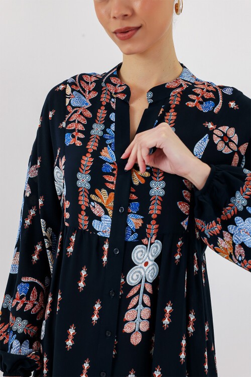 Merterium 2423 Otantik Desenli Tesettür Elbise - Siyah - Mavi