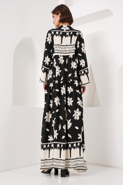 Merterium 2423 Otantik Desenli Tesettür Elbise - Siyah2