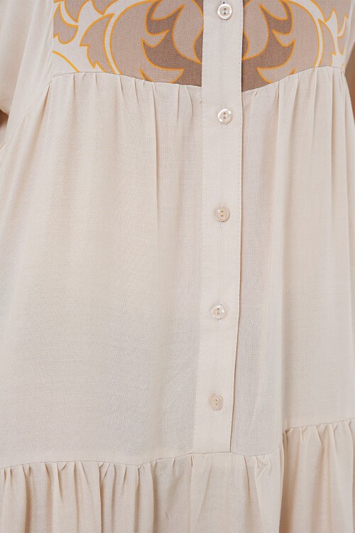 Merterium 2423 Otantik Desenli Tesettür Elbise - T. Ekru