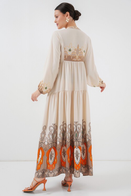 Merterium 2423 Otantik Desenli Tesettür Elbise - T. Ekru