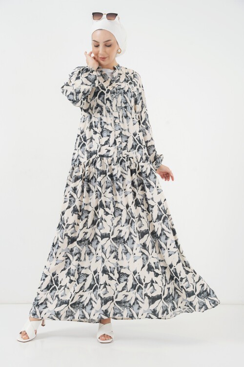 Merterium 2423 Otantik Desenli Tesettür Elbise - V. Antrasit