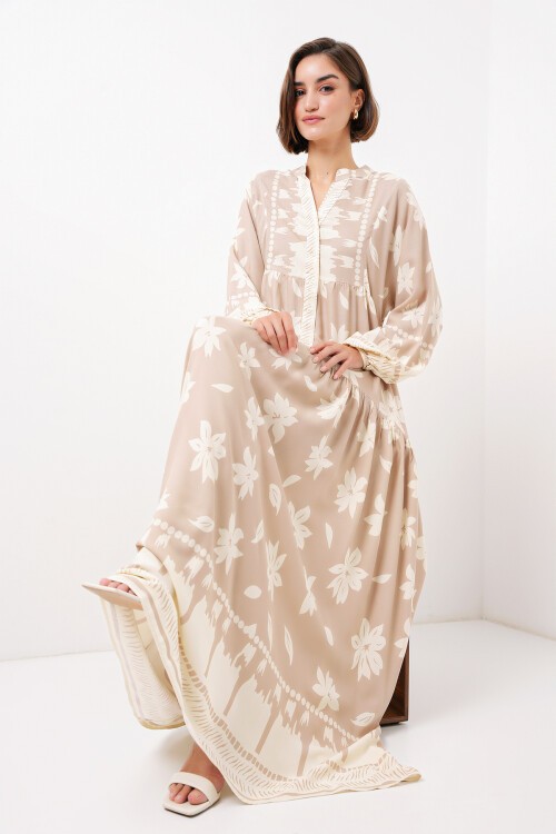 Merterium 2423 Otantik Desenli Tesettür Elbise - Vizon