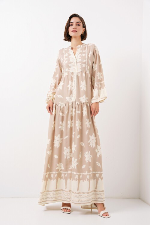 Merterium 2423 Otantik Desenli Tesettür Elbise - Vizon