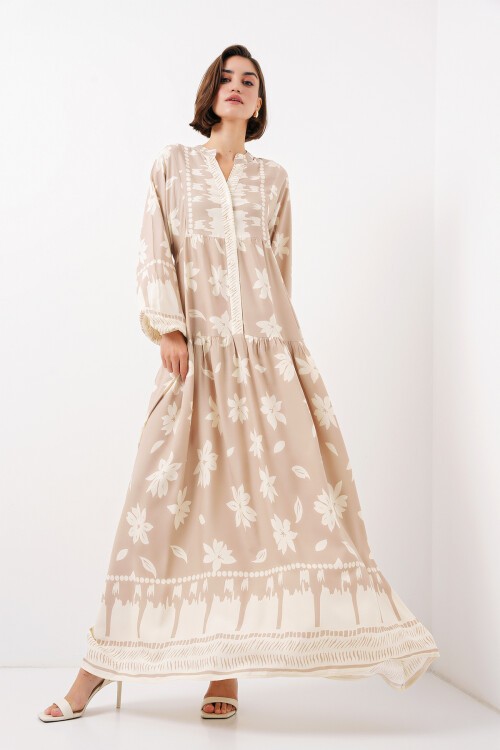 Merterium 2423 Otantik Desenli Tesettür Elbise - Vizon