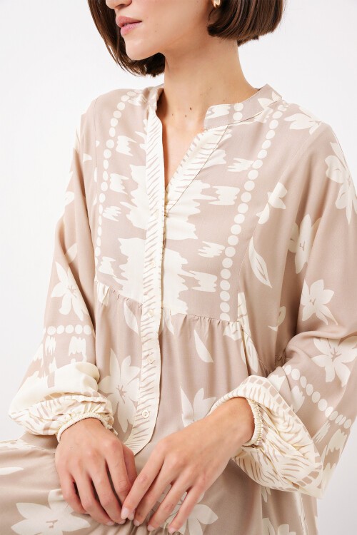 Merterium 2423 Otantik Desenli Tesettür Elbise - Vizon