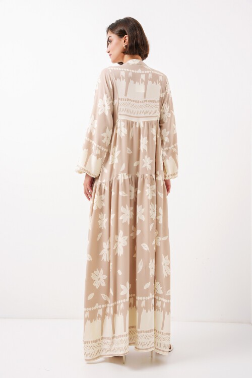 Merterium 2423 Otantik Desenli Tesettür Elbise - Vizon