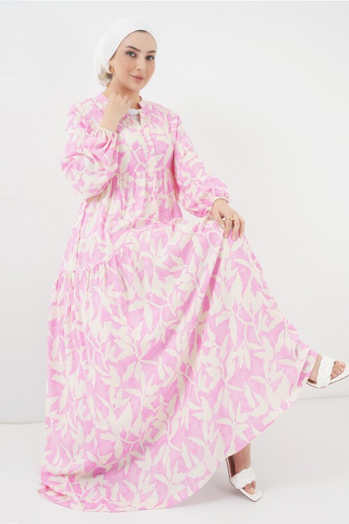Merterium 2423 Otantik Desenli Tesettür Elbise - Y.Pembe