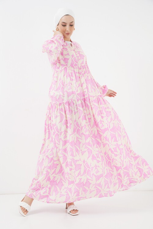 Merterium 2423 Otantik Desenli Tesettür Elbise - Y.Pembe