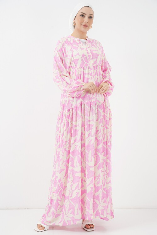 Merterium 2423 Otantik Desenli Tesettür Elbise - Y.Pembe