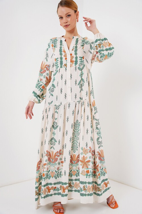 Merterium 2423 Otantik Desenli Tesettür Elbise - Yeşil 10