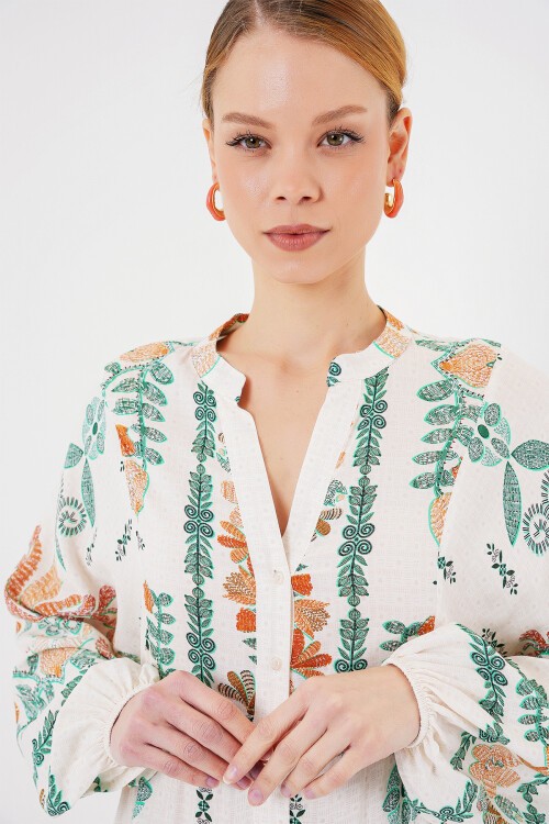 Merterium 2423 Otantik Desenli Tesettür Elbise - Yeşil 10