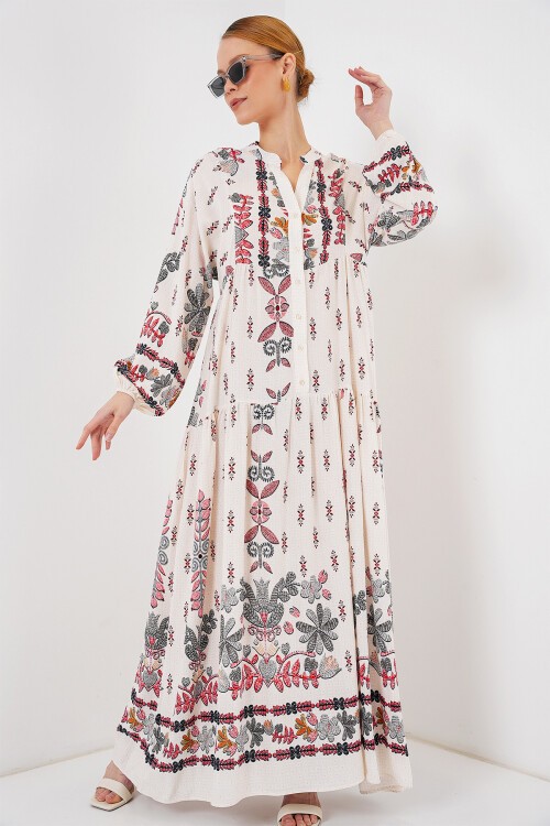 Merterium 2423 Otantik Desenli Tesettür Elbise - Z. Kırmızı