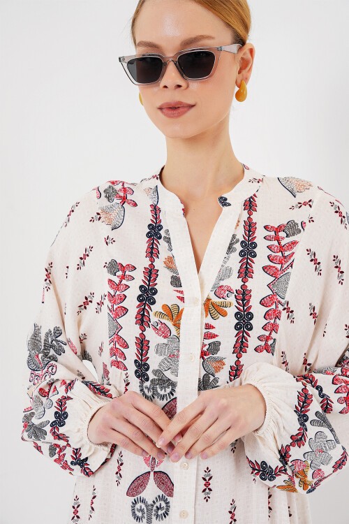 Merterium 2423 Otantik Desenli Tesettür Elbise - Z. Kırmızı