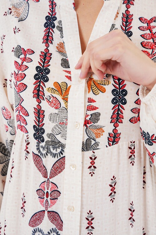 Merterium 2423 Otantik Desenli Tesettür Elbise - Z. Kırmızı