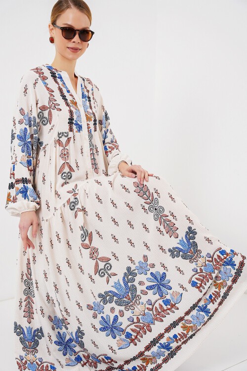 Merterium 2423 Otantik Desenli Tesettür Elbise - Z. Mavi