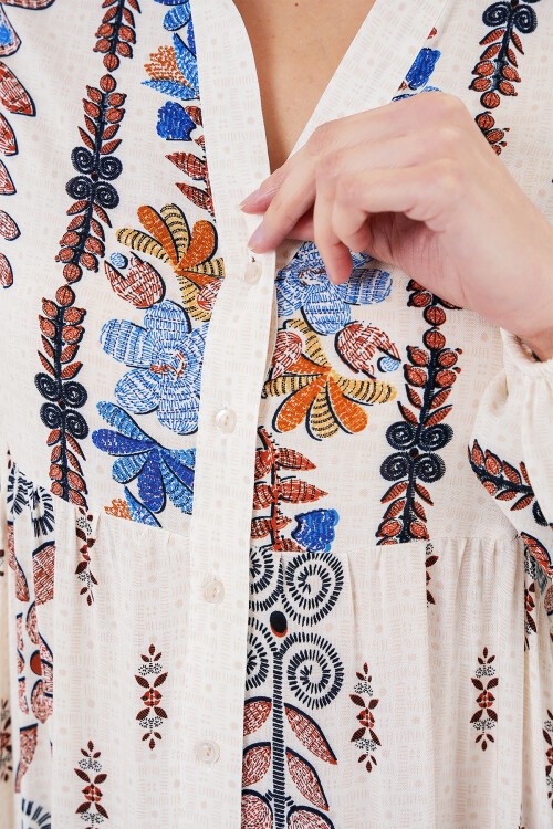 Merterium 2423 Otantik Desenli Tesettür Elbise - Z. Mavi