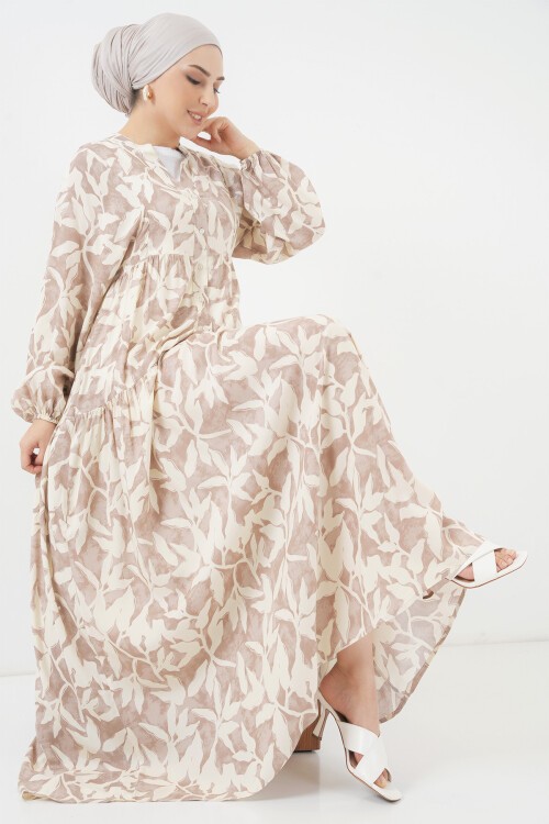 Merterium 2423 Otantik Desenli Tesettür Elbise - Z.Bej