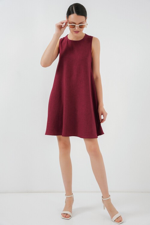2444 Mini Keten Elbise - Bordo