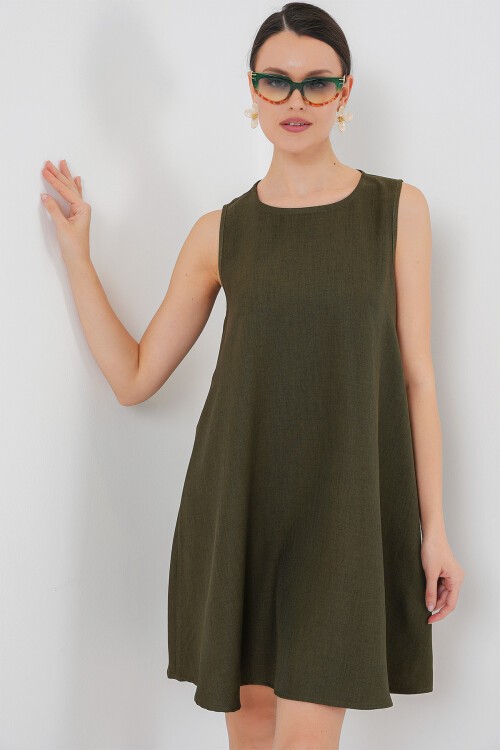 2444 Mini Keten Elbise - Haki