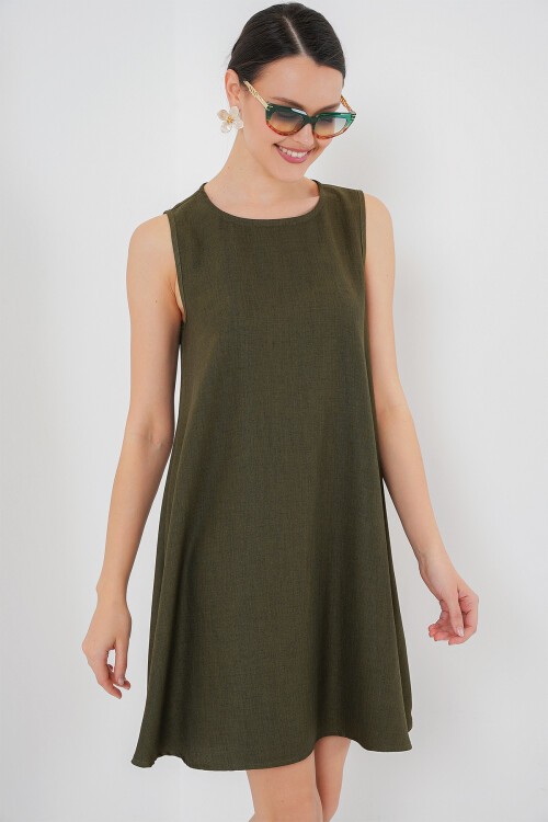 2444 Mini Keten Elbise - Haki