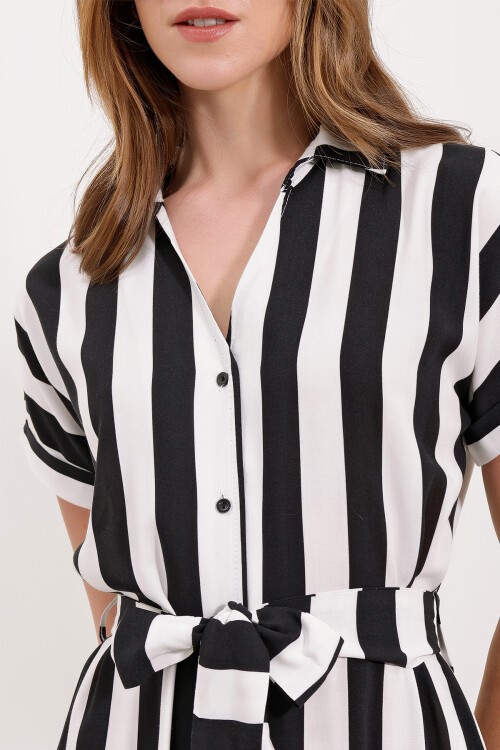 Merterium 2456 Çizgili Gömlek Elbise - Siyah