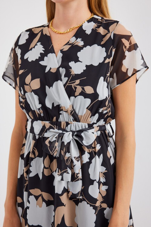 2502 Kısa Kol Desenli Şifon Elbise - A.Siyah