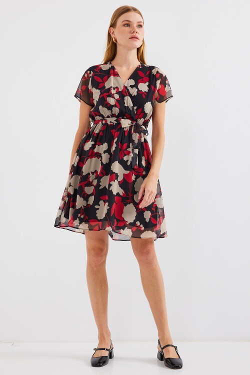 2502 Kısa Kol Desenli Şifon Elbise - Bordo