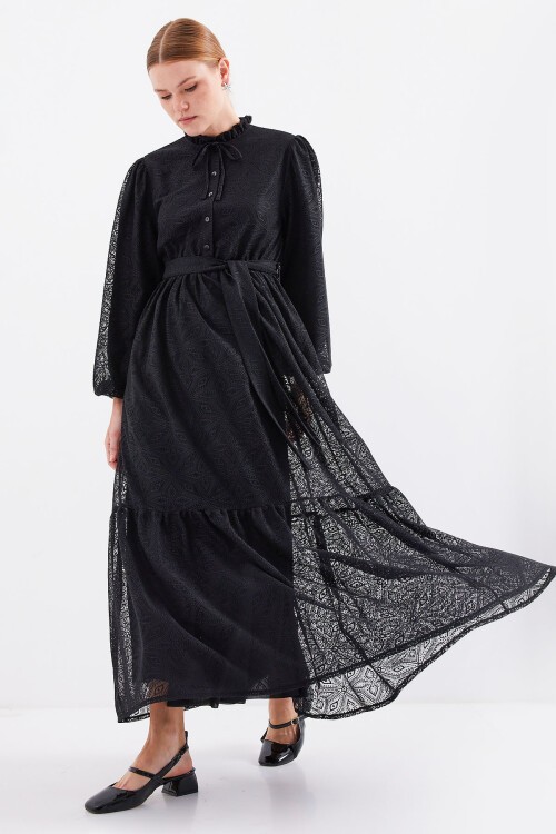 Merterium 2509 Uzun Dantelli Tesettür Elbise - Siyah