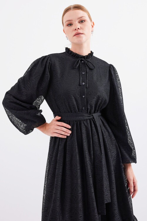 Merterium 2509 Uzun Dantelli Tesettür Elbise - Siyah