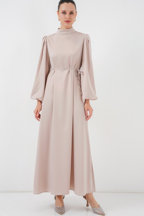 Merterium 2510 Saten Tesettür Abiye Elbise - M. Krem