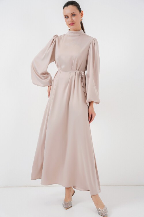 Merterium 2510 Saten Tesettür Abiye Elbise - M. Krem