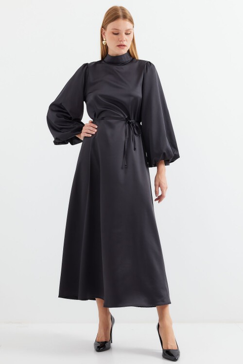 Merterium 2510 Saten Tesettür Abiye Elbise - Siyah