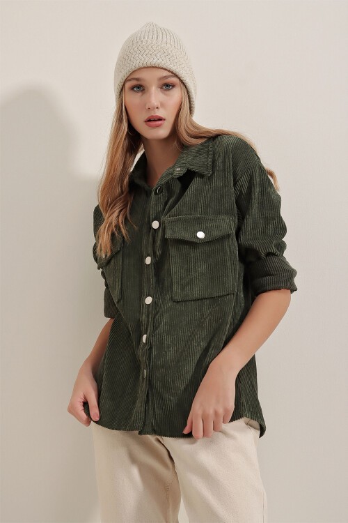 Merterium 3865 Çizgili Kadife Gömlek - Haki