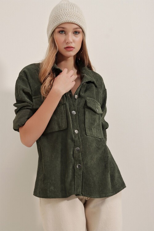 Merterium 3865 Çizgili Kadife Gömlek - Haki