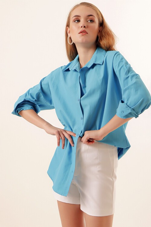 Merterium 3900 Oversize Uzun Basic Gömlek - Koyu Mavi