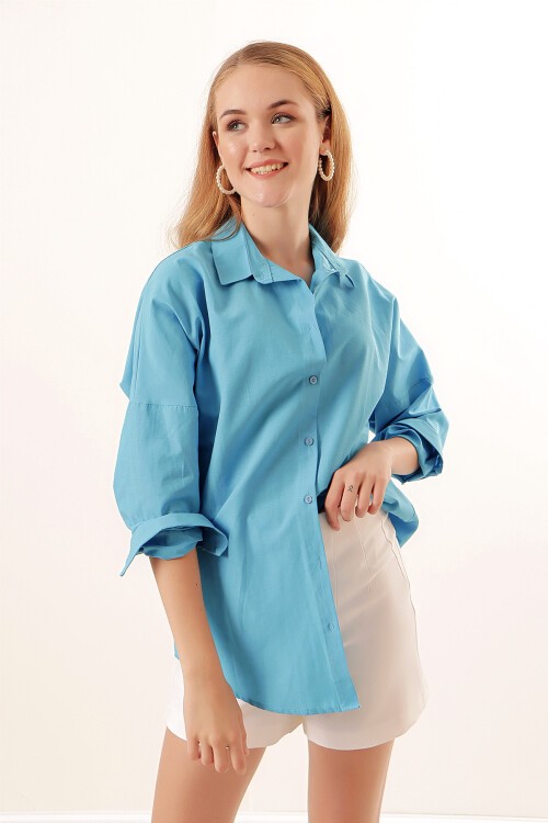 Merterium 3900 Oversize Uzun Basic Gömlek - Koyu Mavi