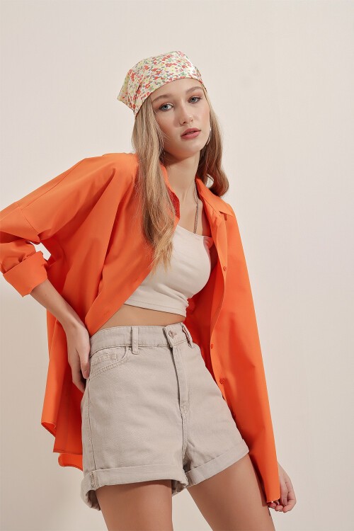 Merterium 3900 Oversize Uzun Basic Gömlek - Turuncu