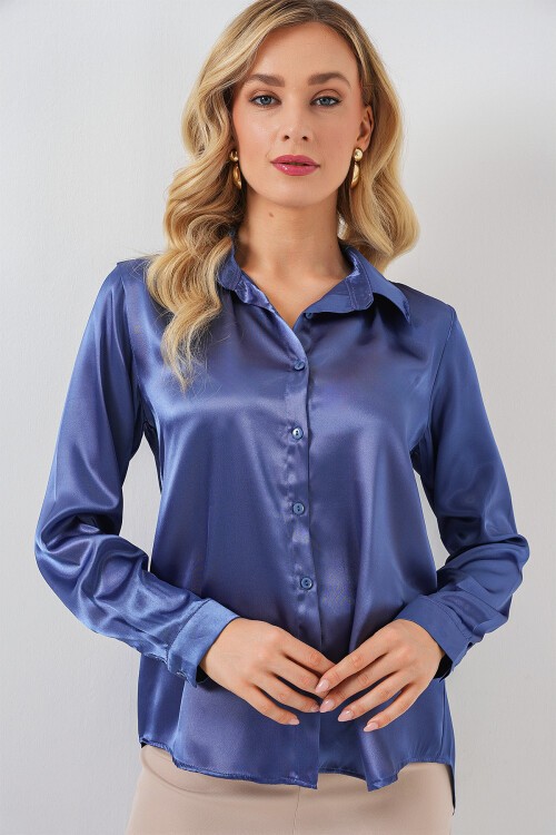 Merterium 3964 Hafif Dökümlü Saten Gömlek - C.Lacivert