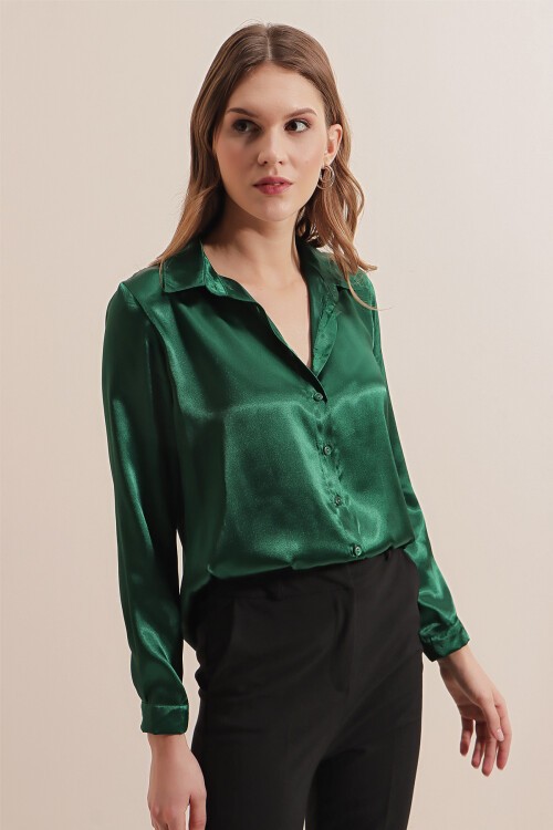 Merterium 3964 Hafif Dökümlü Saten Gömlek - Zümrüt Yeşili