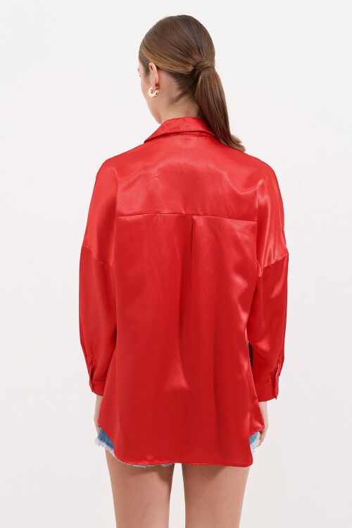 Merterium 3985 Oversize Saten Gömlek - Kırmızı