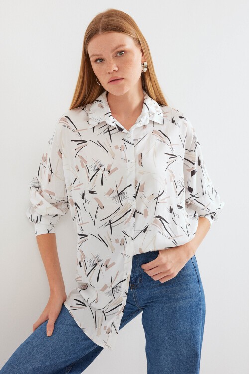 Merterium 3985 Oversize Saten Gömlek - Siyah - Beyaz 1