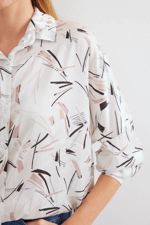 Merterium 3985 Oversize Saten Gömlek - Siyah - Beyaz 1