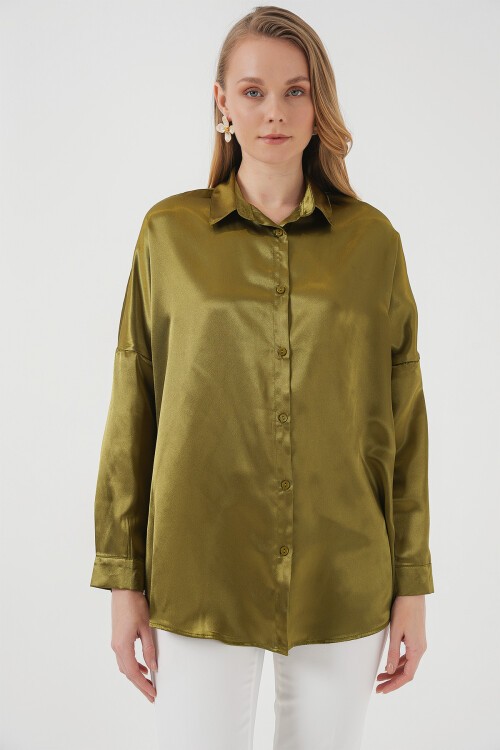 Merterium 3985 Oversize Saten Gömlek - Y.Haki