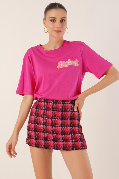 Merterium 4312 Nakışlı Oversize Tişört - Fuşya