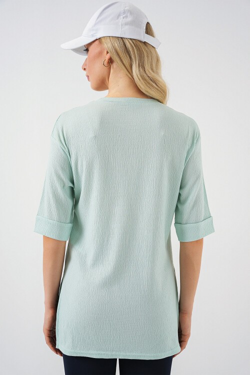 Merterium 4332 Yanı Yırtmaçlı Örme Tişört - Mint