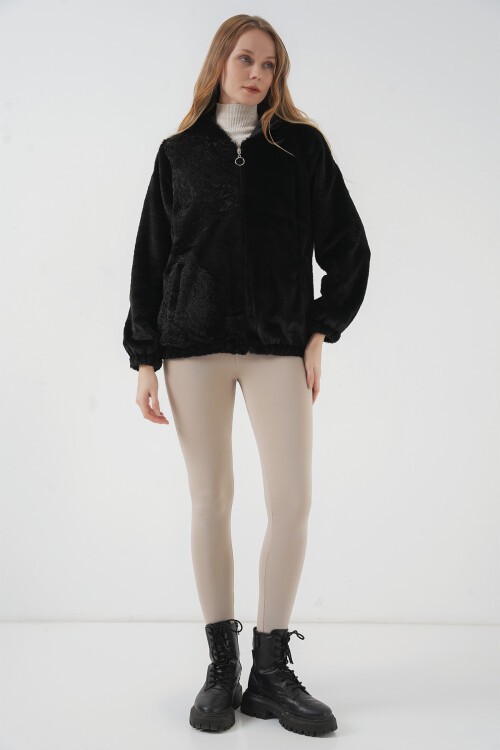 Merterium 5091 Kapşonlu Kürklü İçi Astarlı Mont - Siyah