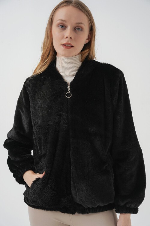 Merterium 5091 Kapşonlu Kürklü İçi Astarlı Mont - Siyah